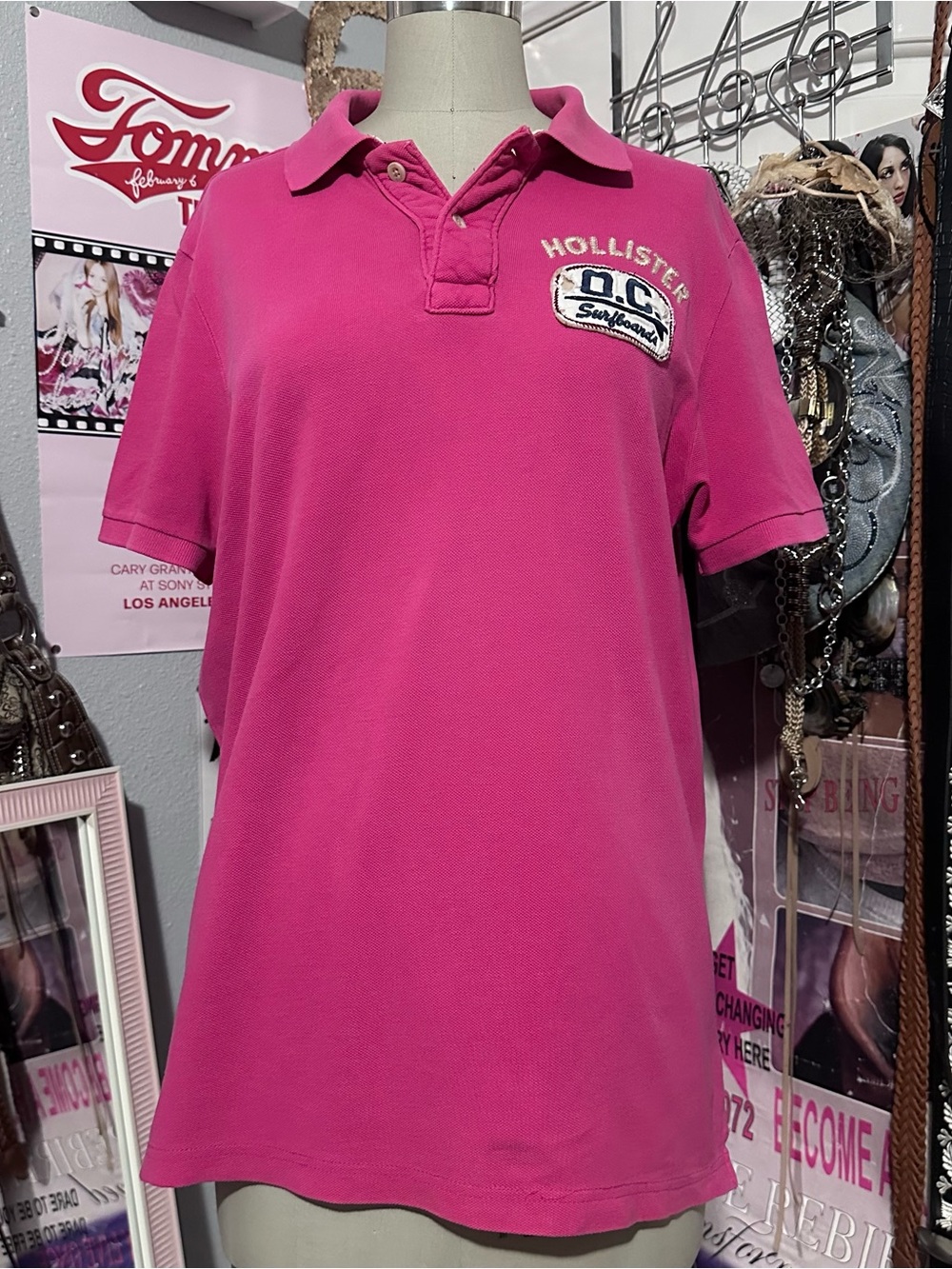 Hollister Men’s Bright Pink Polo Shirt with Embroidered Patch